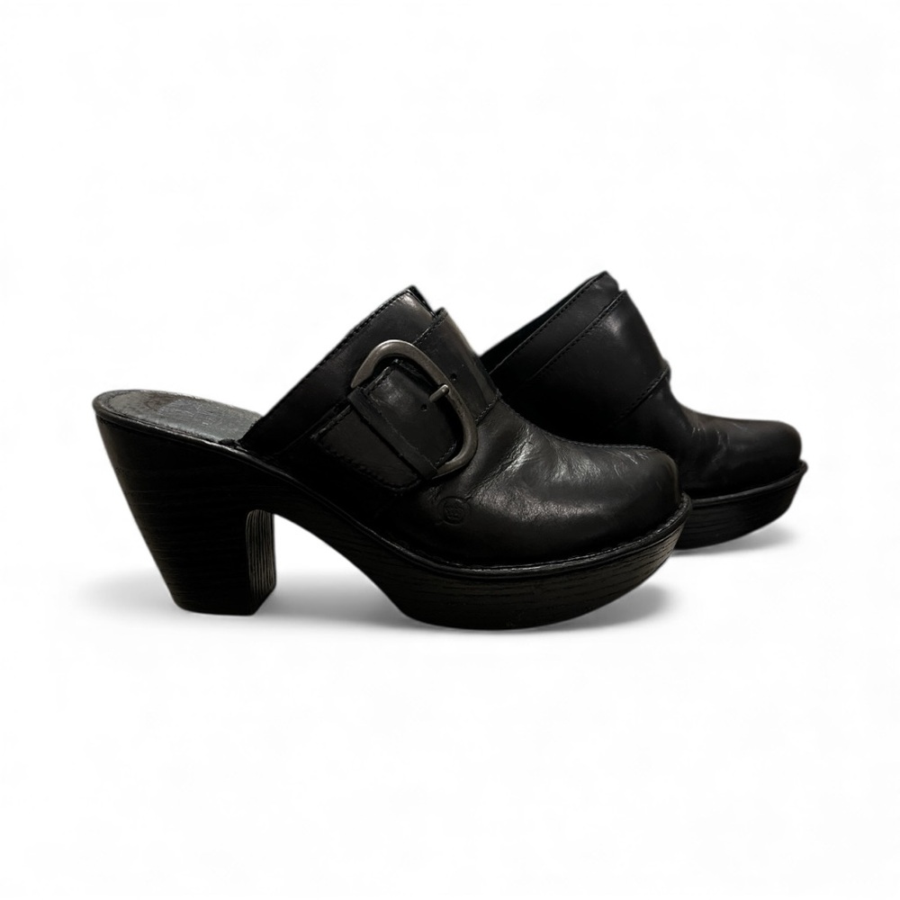 NEW Black Leather Biker Clogs 3.5 Chunky Heel Buckle Moto Platform Shoes Sz 8 - Picture 7 of 14